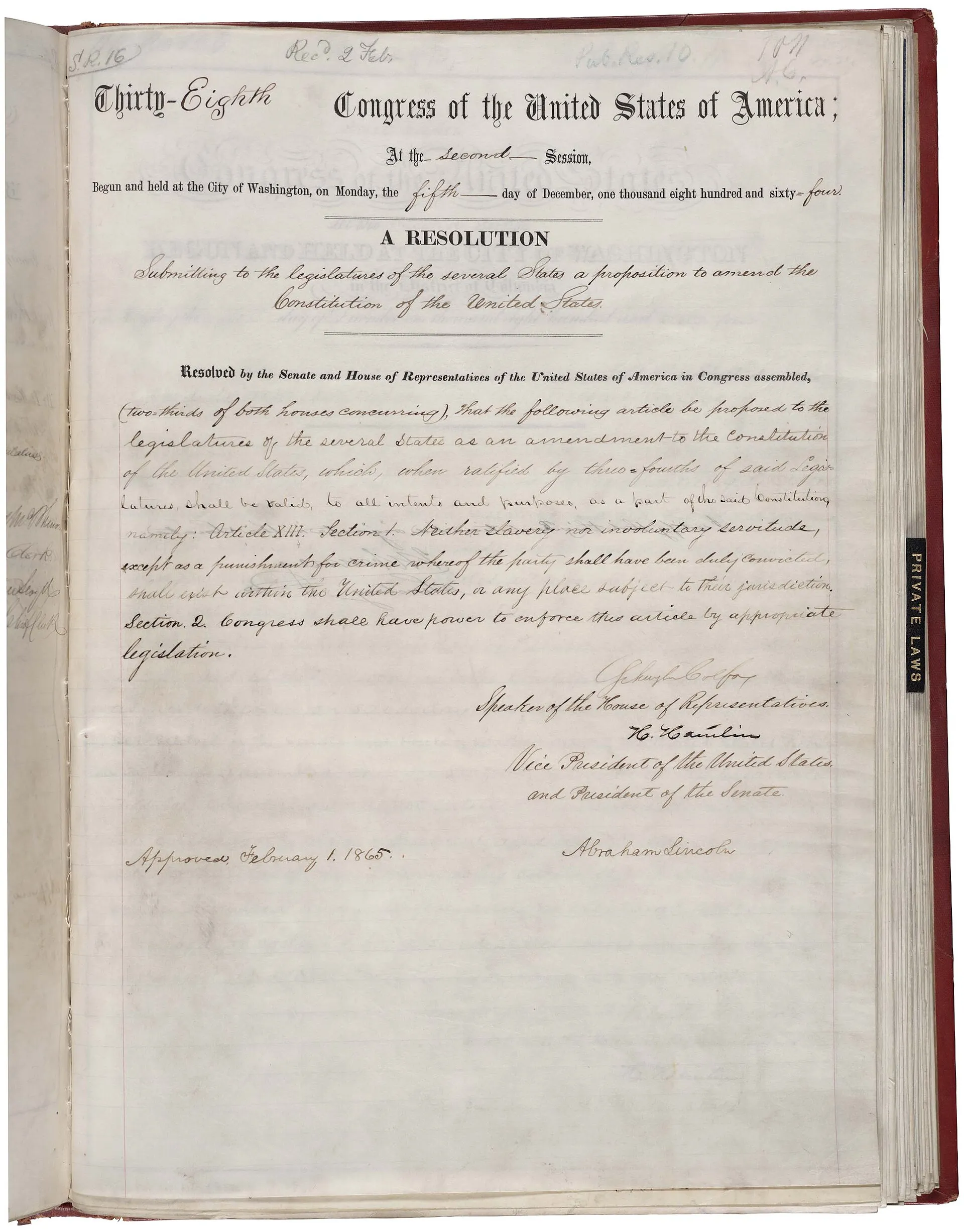 美國憲法第十三條修正案文件,1865年;美國國家檔案館藏。