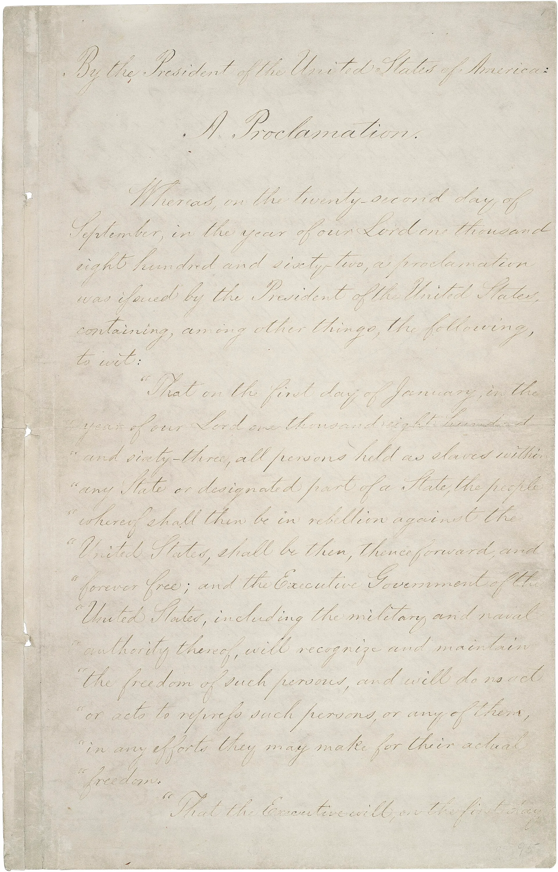 正式解放宣言首頁,1863年1月1日;美國國家檔案館藏。